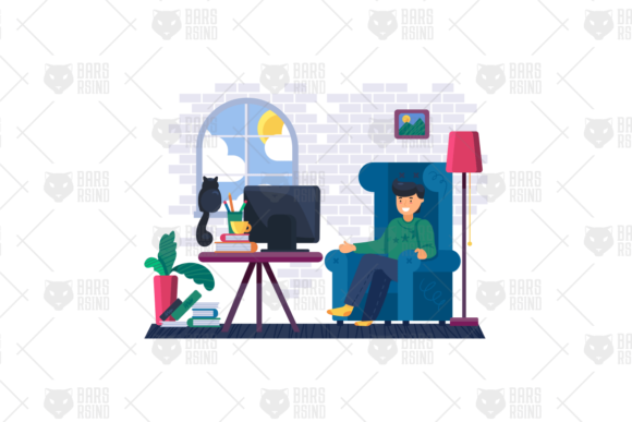 Man Watching Film on Tv in Living Room Graphics